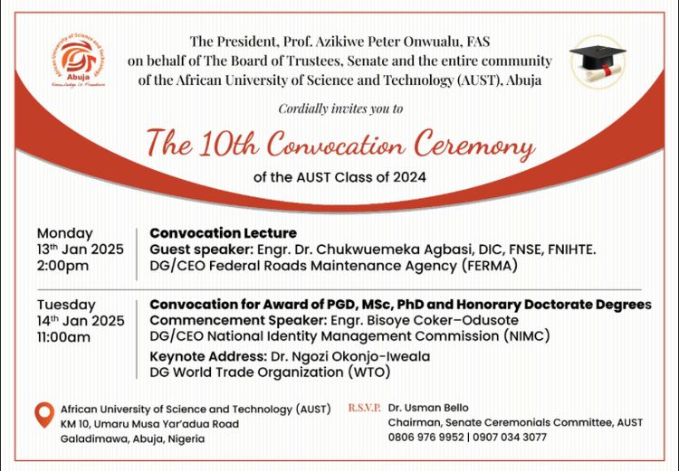 AUST to Honour SGF, UBA GMD, Kashim, and Others at 10th Convocation Ceremony