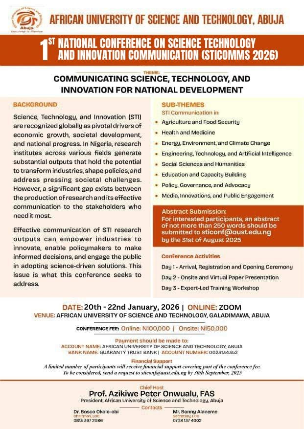 AUST Announces Postponement of 1st National Conference on Science, Technology, and Innovation Communication (STICOMMS 2026)