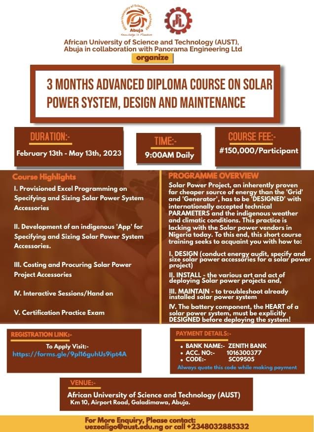 AUST, PANORAMA ENGINEERING LTD HOST  3 MONTHS ADVANCED DIPLOMA COURSE ON SOLAR POWER SYSTEM, DESIGN AND MAINTENANCE