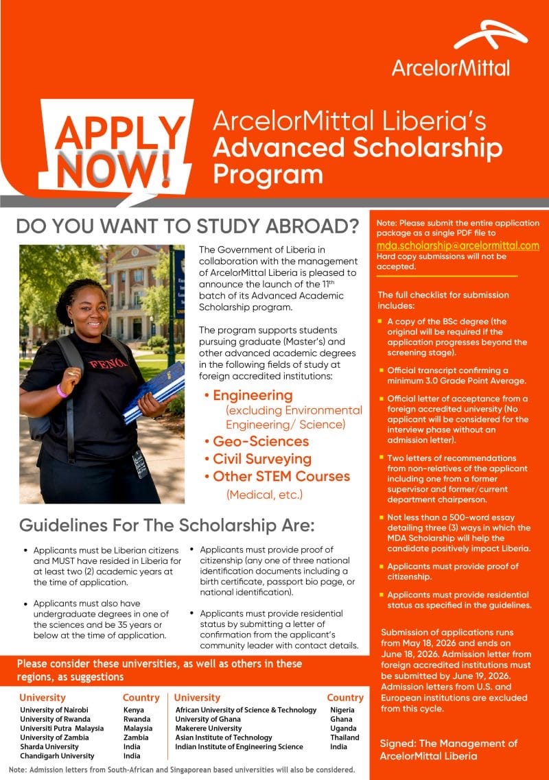 ArcelorMittal Liberia Opens Applications for 11th Advanced Scholarship Programme